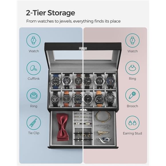 12-Slot Watch Box, Lockable Watch Case with Glass Lid, 2 Layers - Picture 2 of 7